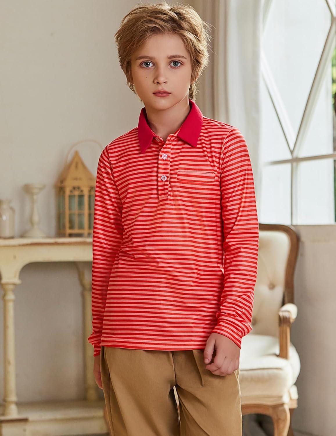image:imageArshiner Boys Long Sleeve Plaid Trim Polo Shirt School Uniform Shirt with PocketRed Striped