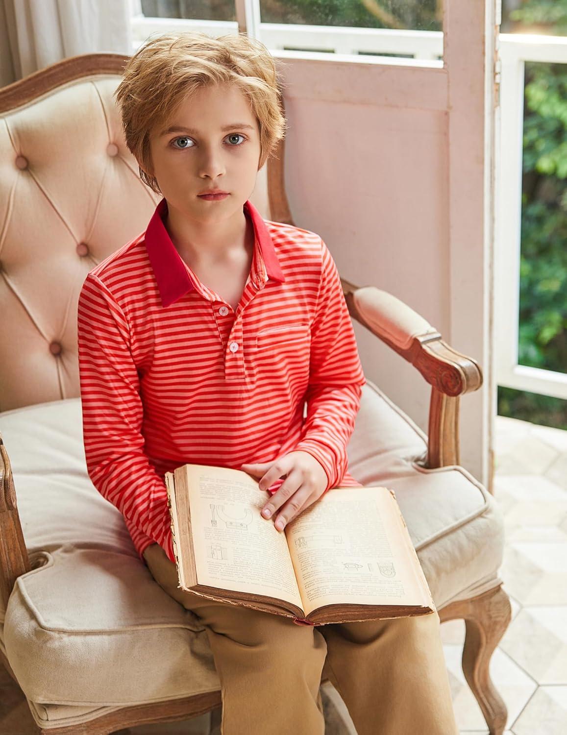 image:imageArshiner Boys Long Sleeve Plaid Trim Polo Shirt School Uniform Shirt with PocketRed Striped
