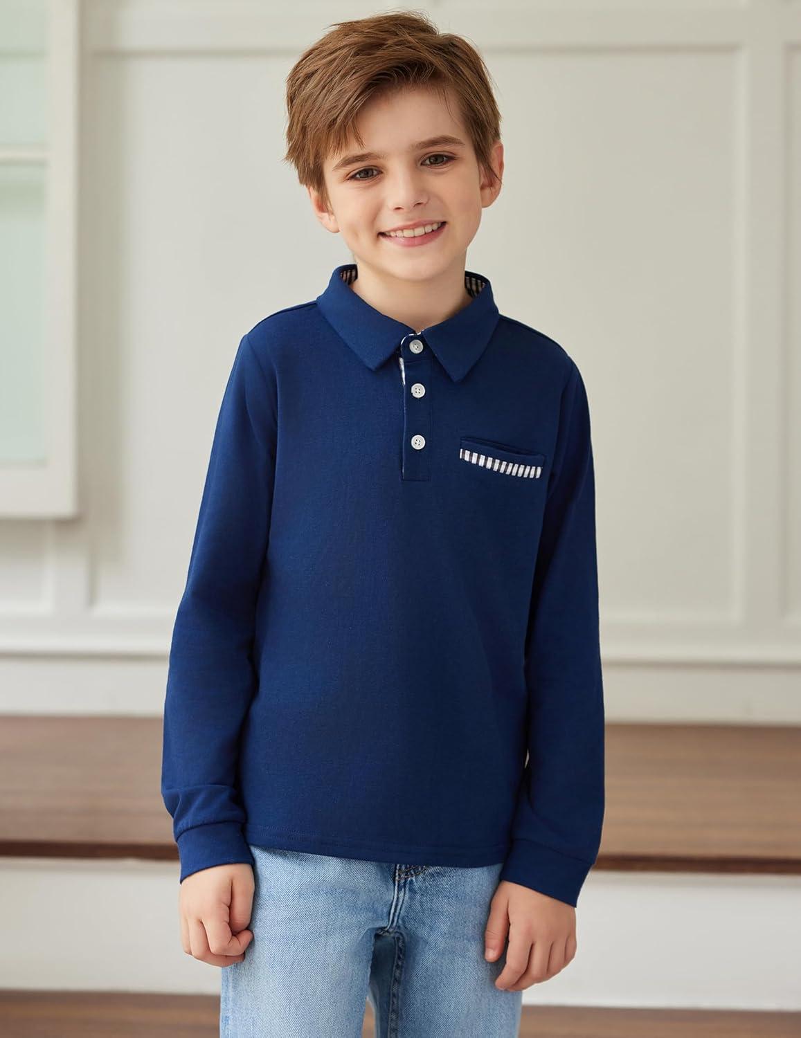 image:imageArshiner Boys Long Sleeve Plaid Trim Polo Shirt School Uniform Shirt with PocketViolet