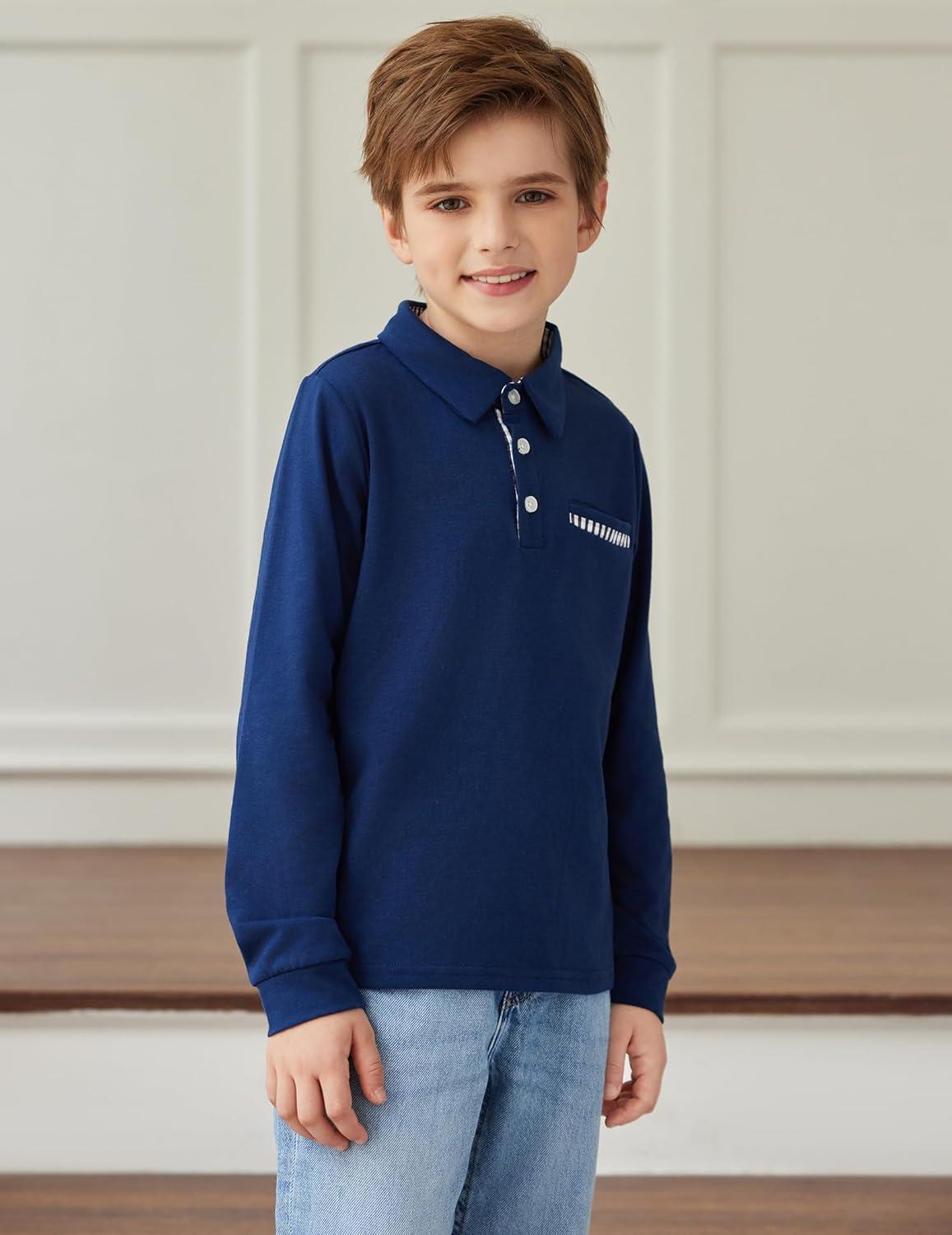 image:imageArshiner Boys Long Sleeve Plaid Trim Polo Shirt School Uniform Shirt with PocketViolet