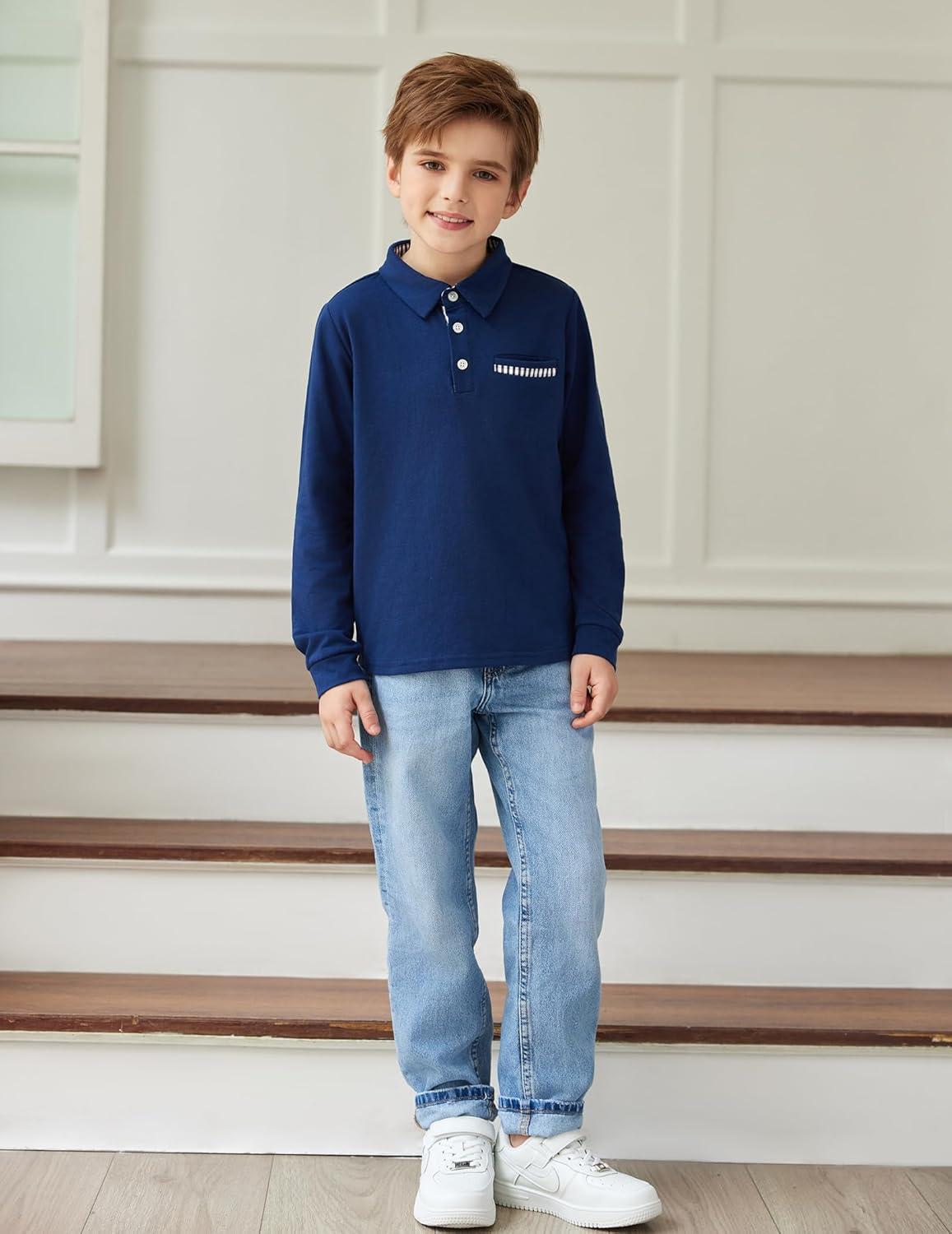image:imageArshiner Boys Long Sleeve Plaid Trim Polo Shirt School Uniform Shirt with PocketViolet