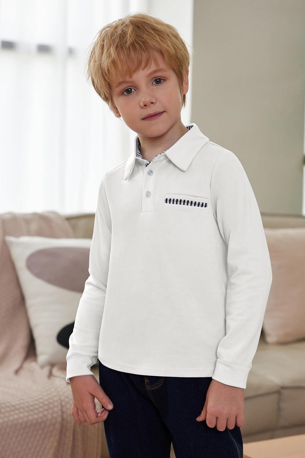 image:imageArshiner Boys Long Sleeve Plaid Trim Polo Shirt School Uniform Shirt with PocketWhite
