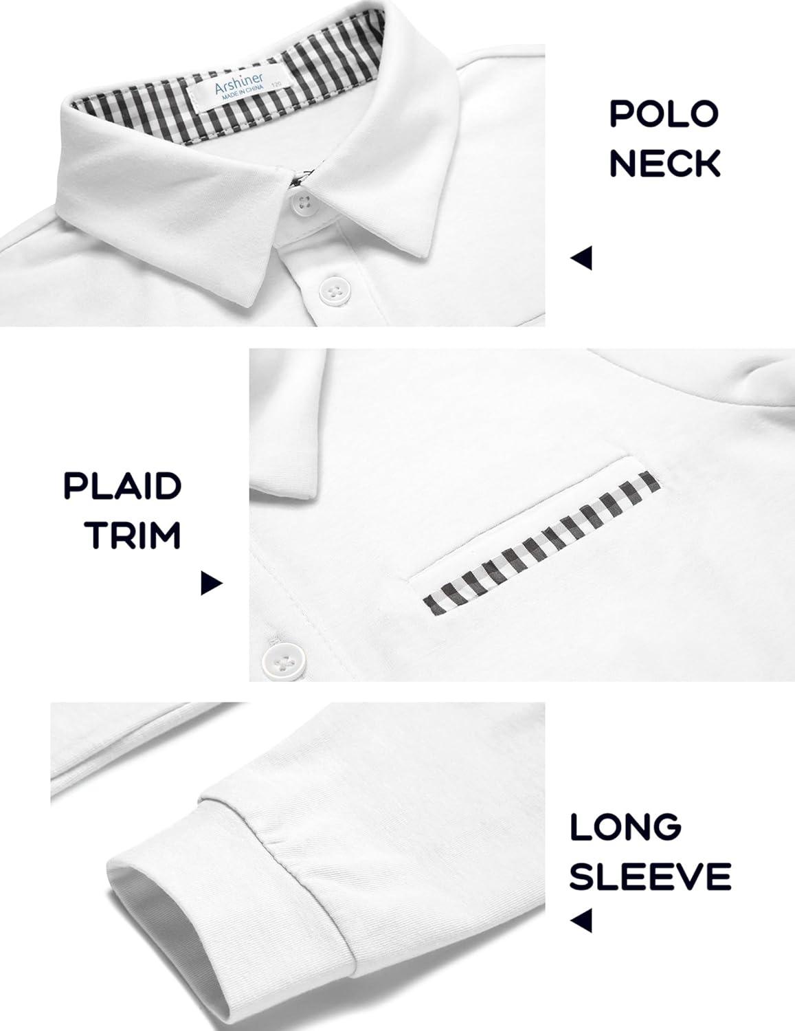 image:imageArshiner Boys Long Sleeve Plaid Trim Polo Shirt School Uniform Shirt with PocketWhite