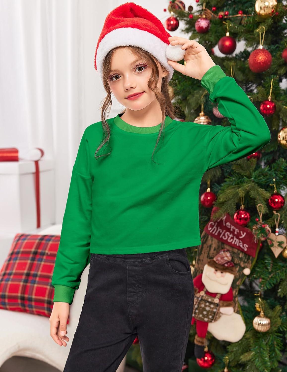image:imageArshiner Girls Crop Tops Kids Long Sleeve Pullover Sweatshirts Girls Cropped Crewneck Sweatshirt for Teen GirlGreen