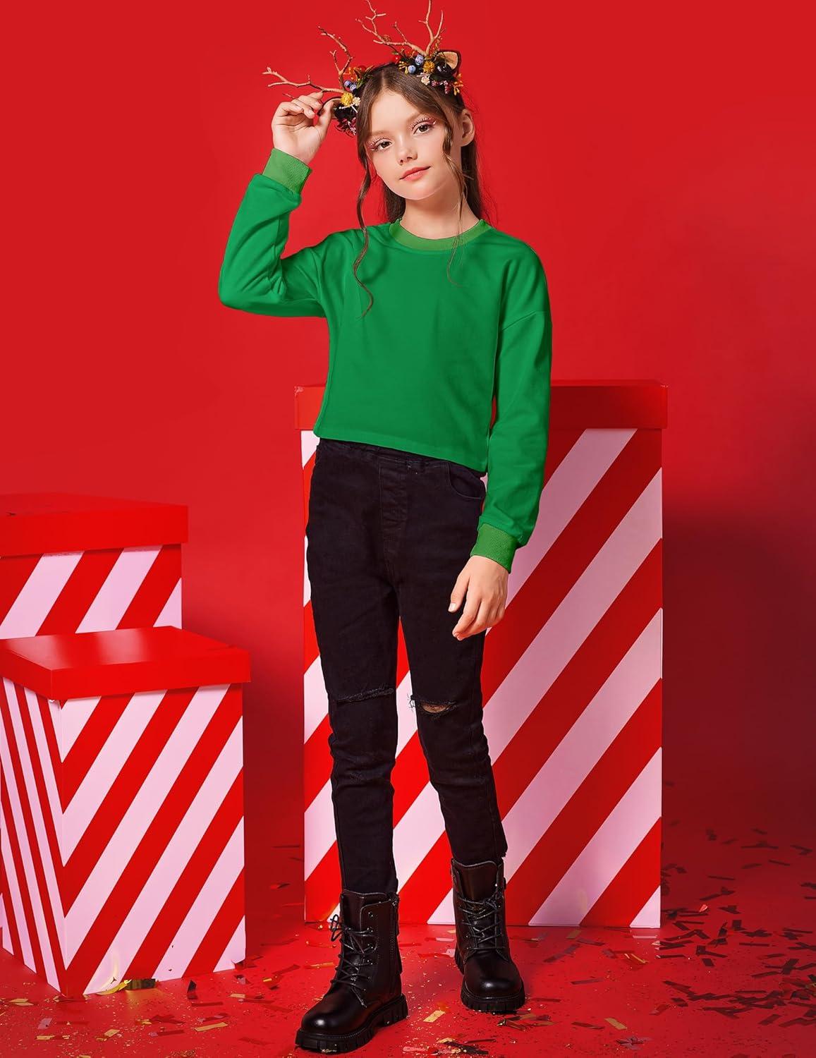 image:imageArshiner Girls Crop Tops Kids Long Sleeve Pullover Sweatshirts Girls Cropped Crewneck Sweatshirt for Teen GirlGreen