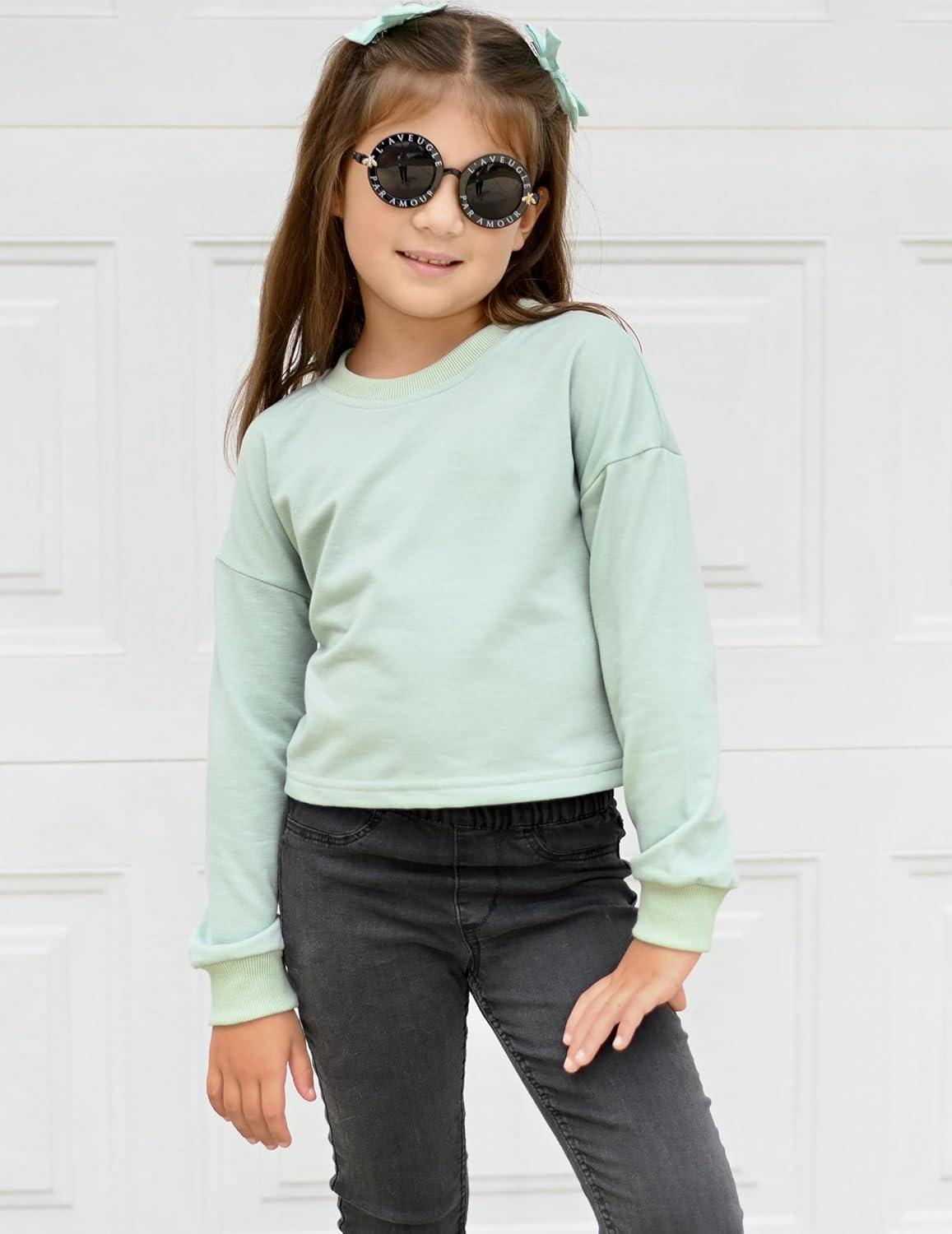 image:imageArshiner Girls Crop Tops Kids Long Sleeve Pullover Sweatshirts Girls Cropped Crewneck Sweatshirt for Teen GirlLight Green