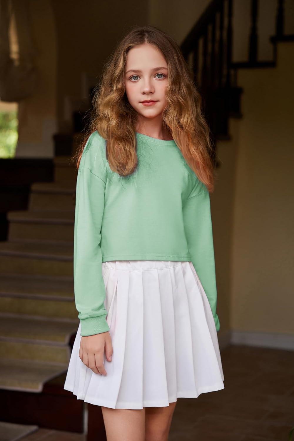 image:imageArshiner Girls Crop Tops Kids Long Sleeve Pullover Sweatshirts Girls Cropped Crewneck Sweatshirt for Teen GirlLight Green