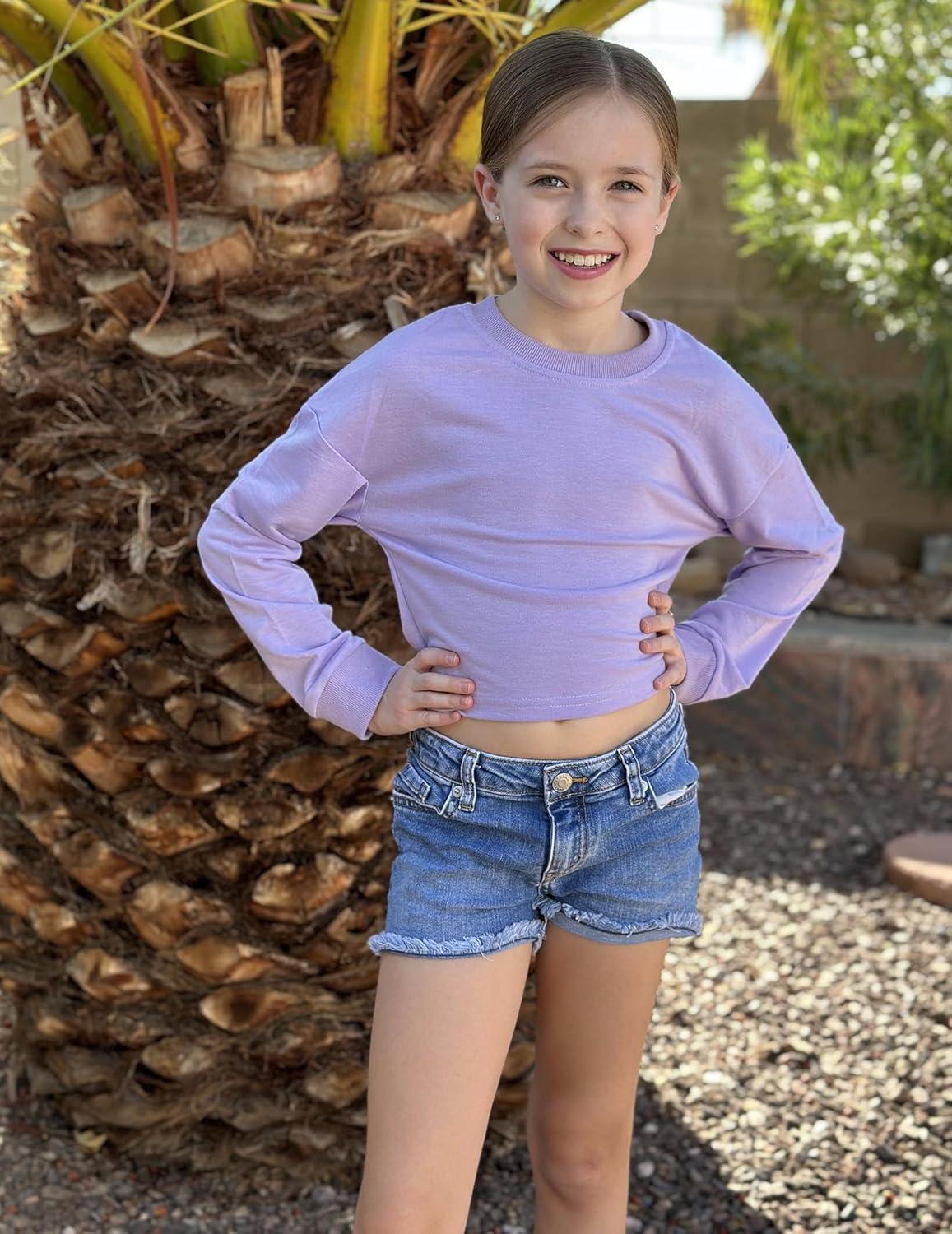 image:imageArshiner Girls Crop Tops Kids Long Sleeve Pullover Sweatshirts Girls Cropped Crewneck Sweatshirt for Teen GirlLight Purple