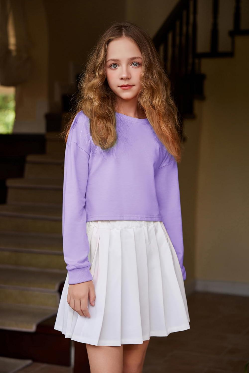 image:imageArshiner Girls Crop Tops Kids Long Sleeve Pullover Sweatshirts Girls Cropped Crewneck Sweatshirt for Teen GirlLight Purple