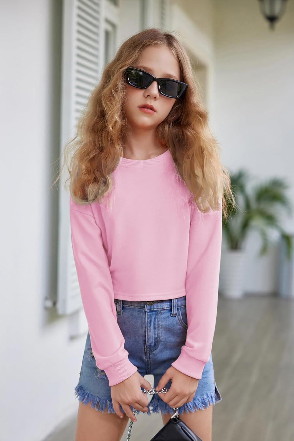 image:imageArshiner Girls Crop Tops Kids Long Sleeve Pullover Sweatshirts Girls Cropped Crewneck Sweatshirt for Teen GirlPink
