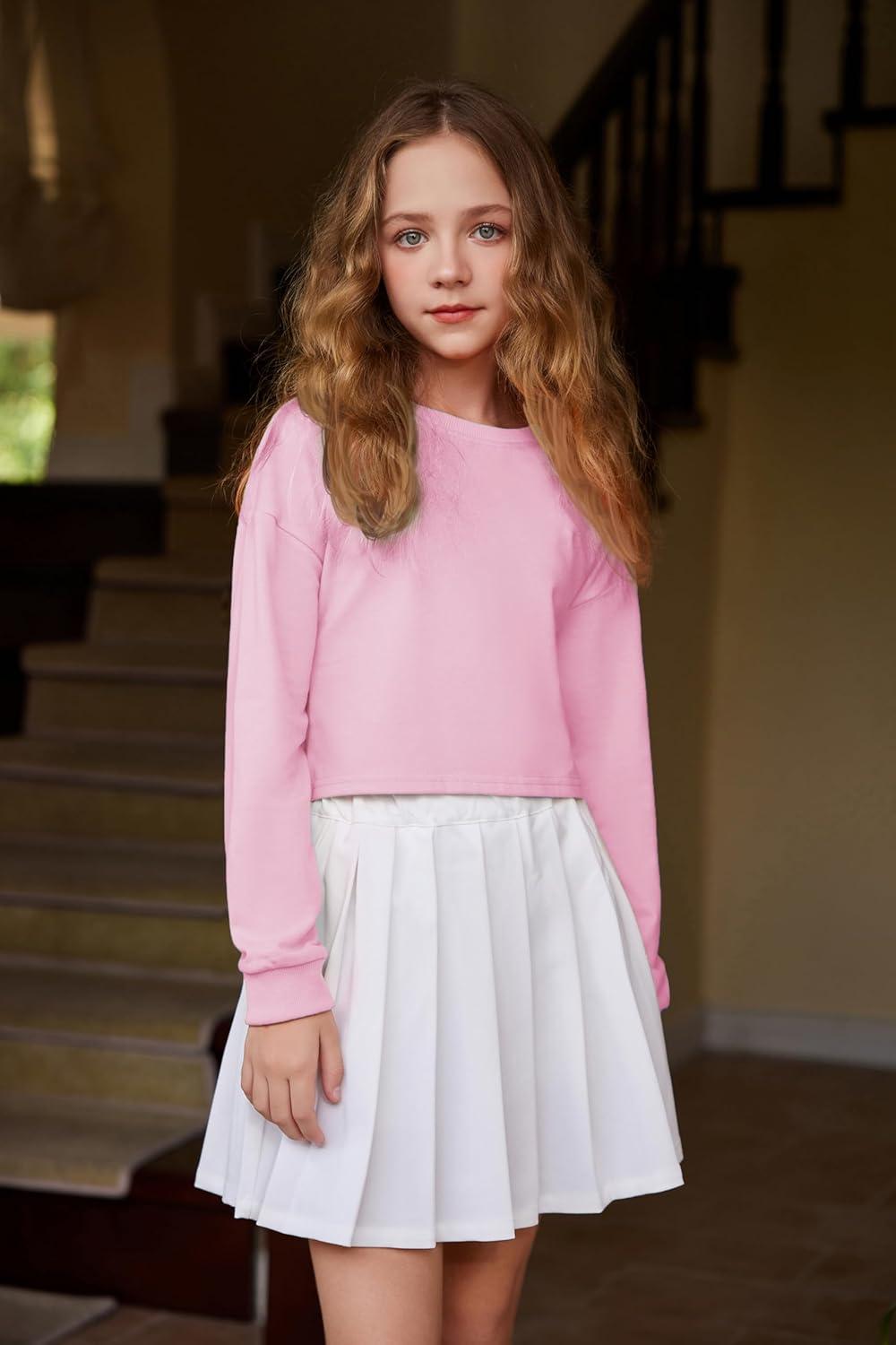 image:imageArshiner Girls Crop Tops Kids Long Sleeve Pullover Sweatshirts Girls Cropped Crewneck Sweatshirt for Teen GirlPink