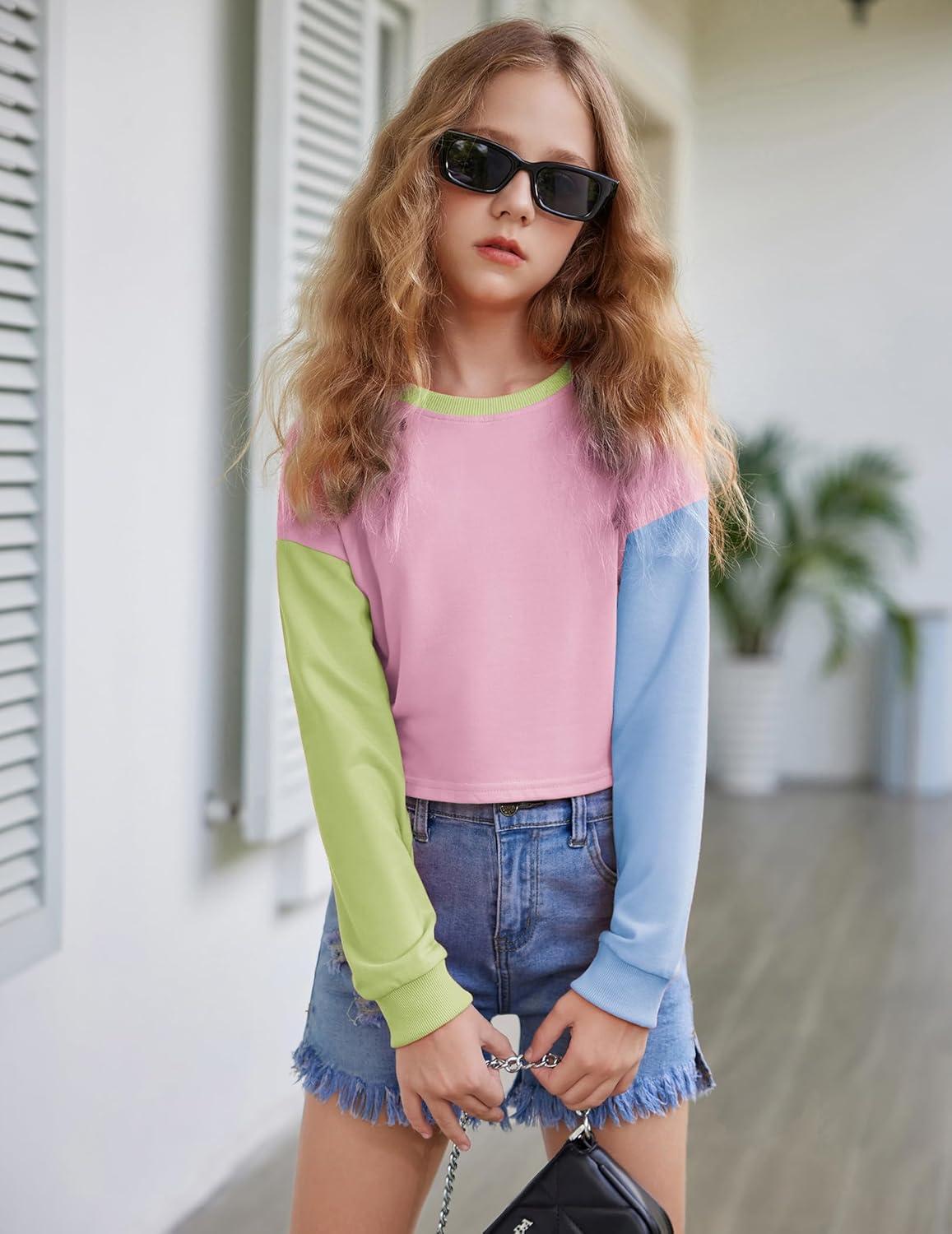 image:imageArshiner Girls Crop Tops Kids Long Sleeve Pullover Sweatshirts Girls Cropped Crewneck Sweatshirt for Teen GirlPink Patchwork