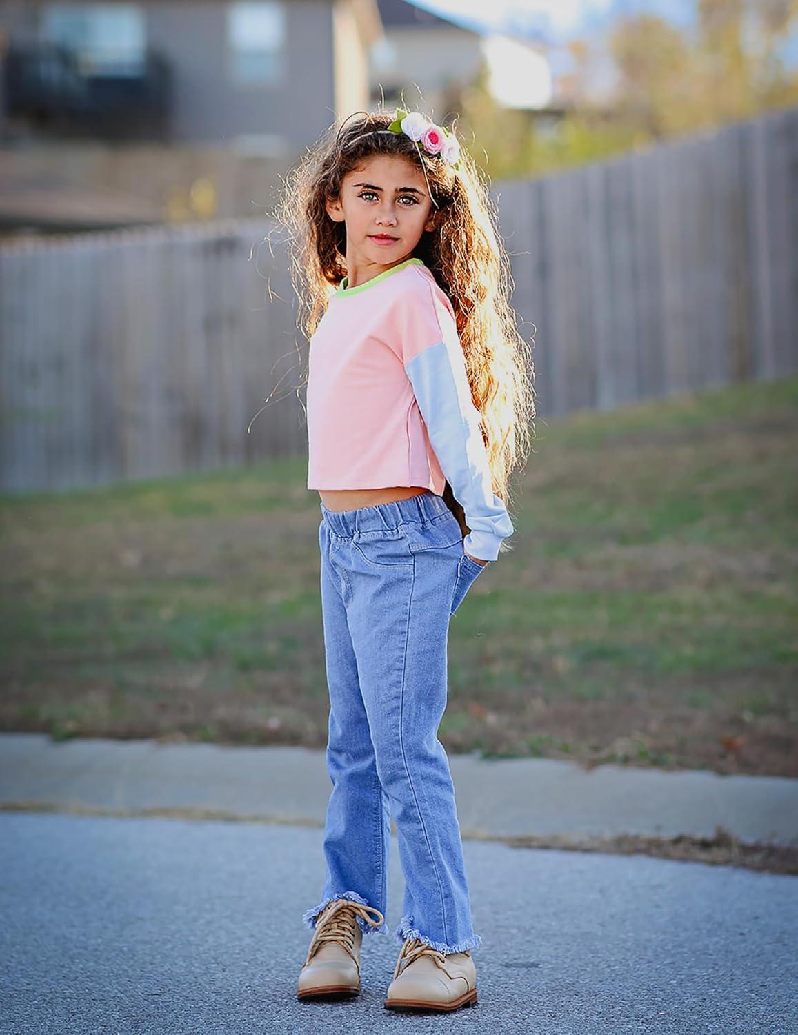 image:imageArshiner Girls Crop Tops Kids Long Sleeve Pullover Sweatshirts Girls Cropped Crewneck Sweatshirt for Teen GirlPink Patchwork