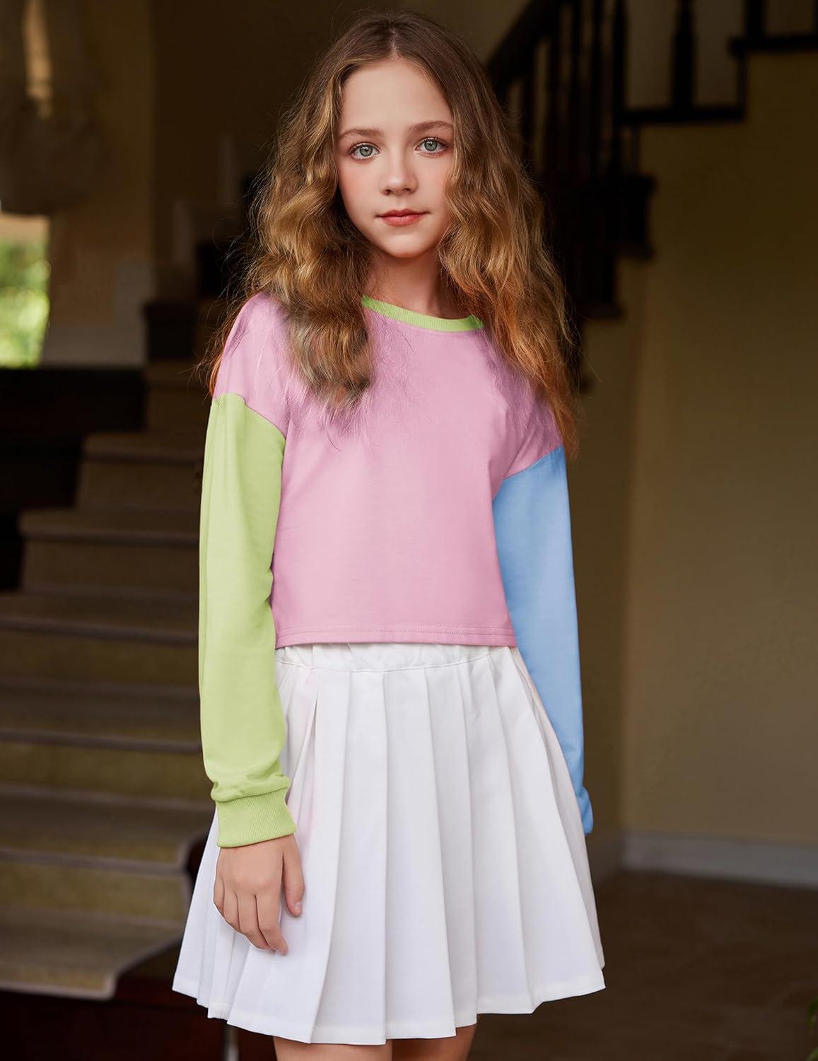image:imageArshiner Girls Crop Tops Kids Long Sleeve Pullover Sweatshirts Girls Cropped Crewneck Sweatshirt for Teen GirlPink Patchwork