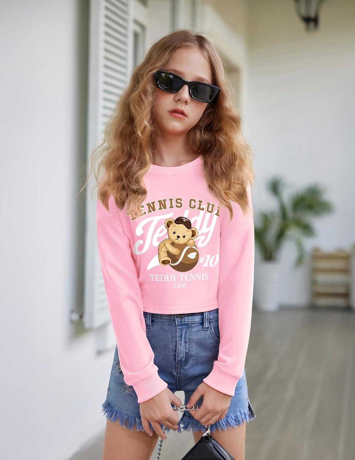 image:imageArshiner Girls Crop Tops Kids Long Sleeve Pullover Sweatshirts Girls Cropped Crewneck Sweatshirt for Teen GirlPink Teddy