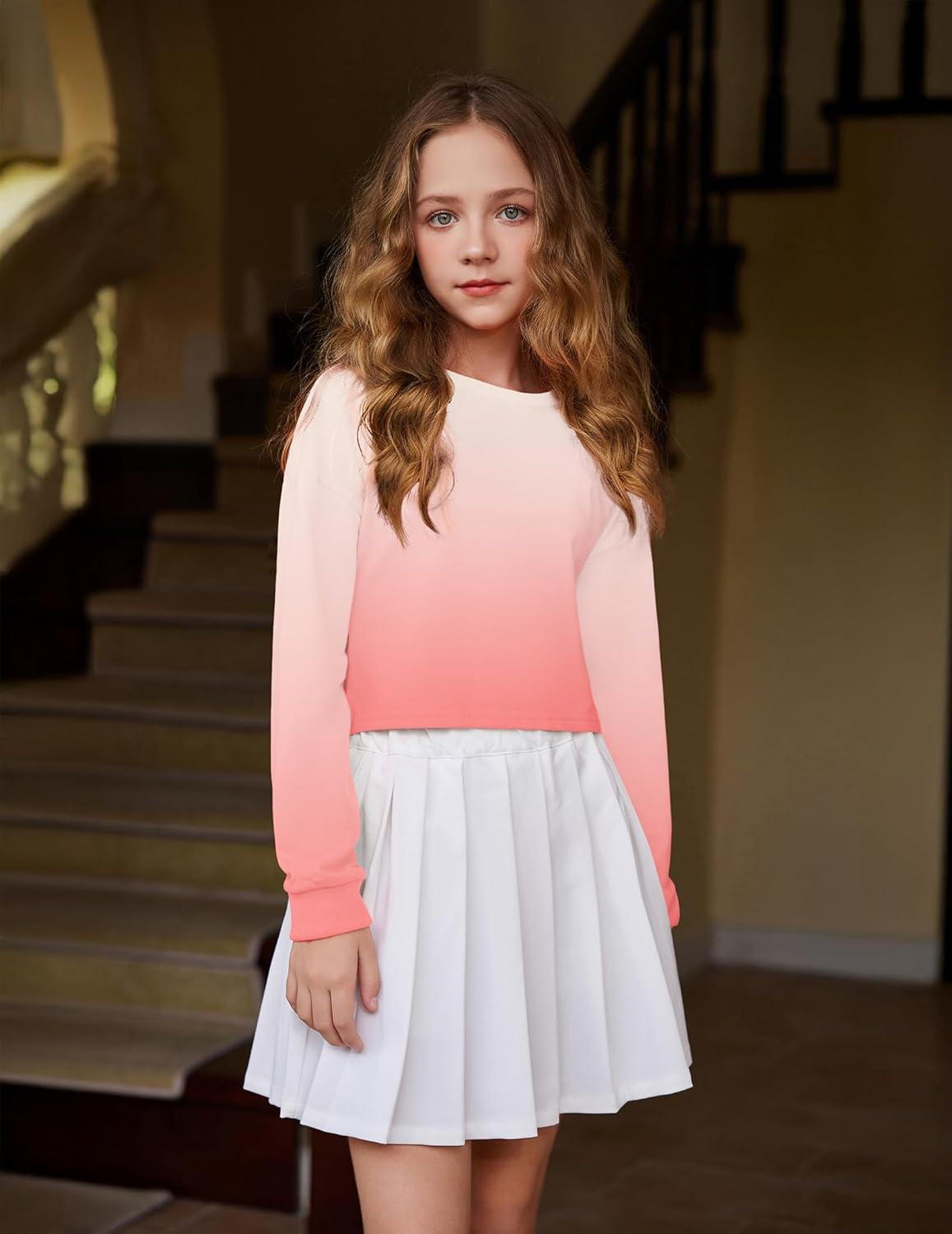 image:imageArshiner Girls Crop Tops Kids Long Sleeve Pullover Sweatshirts Girls Cropped Crewneck Sweatshirt for Teen GirlPink White