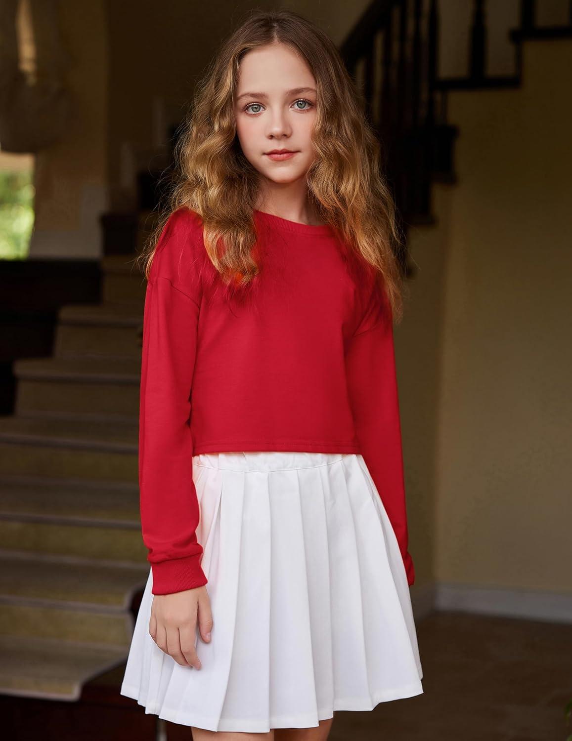 image:imageArshiner Girls Crop Tops Kids Long Sleeve Pullover Sweatshirts Girls Cropped Crewneck Sweatshirt for Teen GirlRed