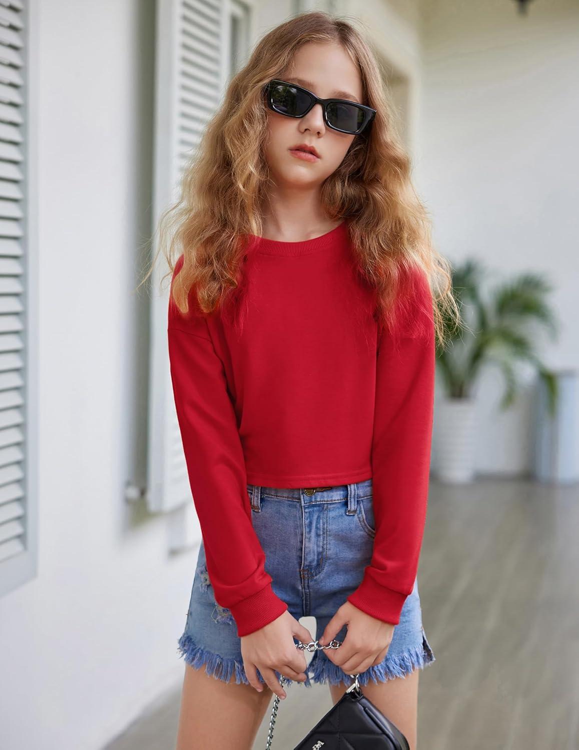 image:imageArshiner Girls Crop Tops Kids Long Sleeve Pullover Sweatshirts Girls Cropped Crewneck Sweatshirt for Teen GirlRed