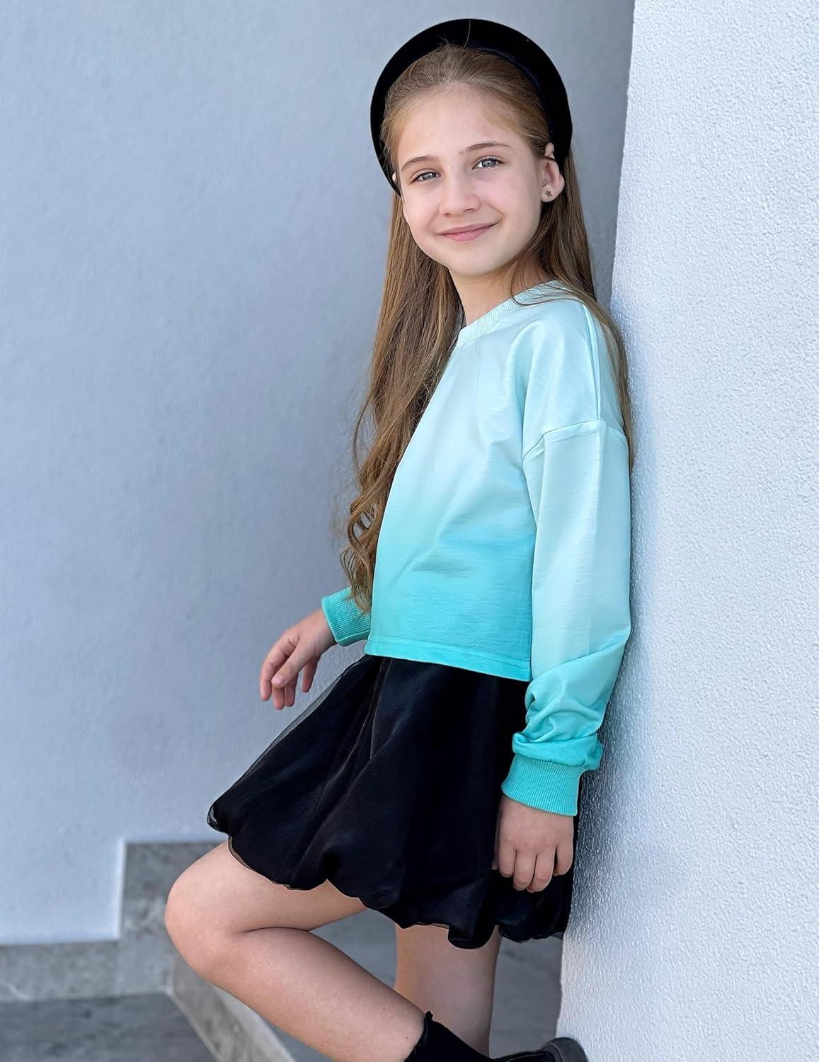image:imageArshiner Girls Crop Tops Kids Long Sleeve Pullover Sweatshirts Girls Cropped Crewneck Sweatshirt for Teen GirlTie Dye Blue