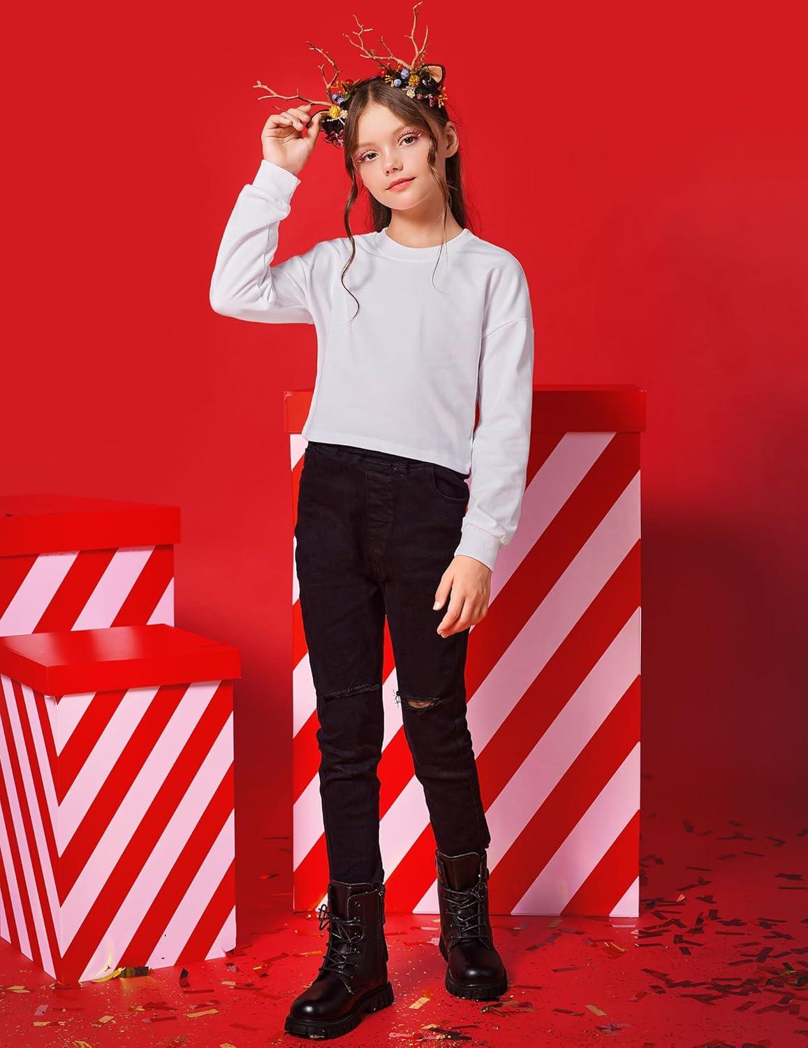 image:imageArshiner Girls Crop Tops Kids Long Sleeve Pullover Sweatshirts Girls Cropped Crewneck Sweatshirt for Teen GirlWhite