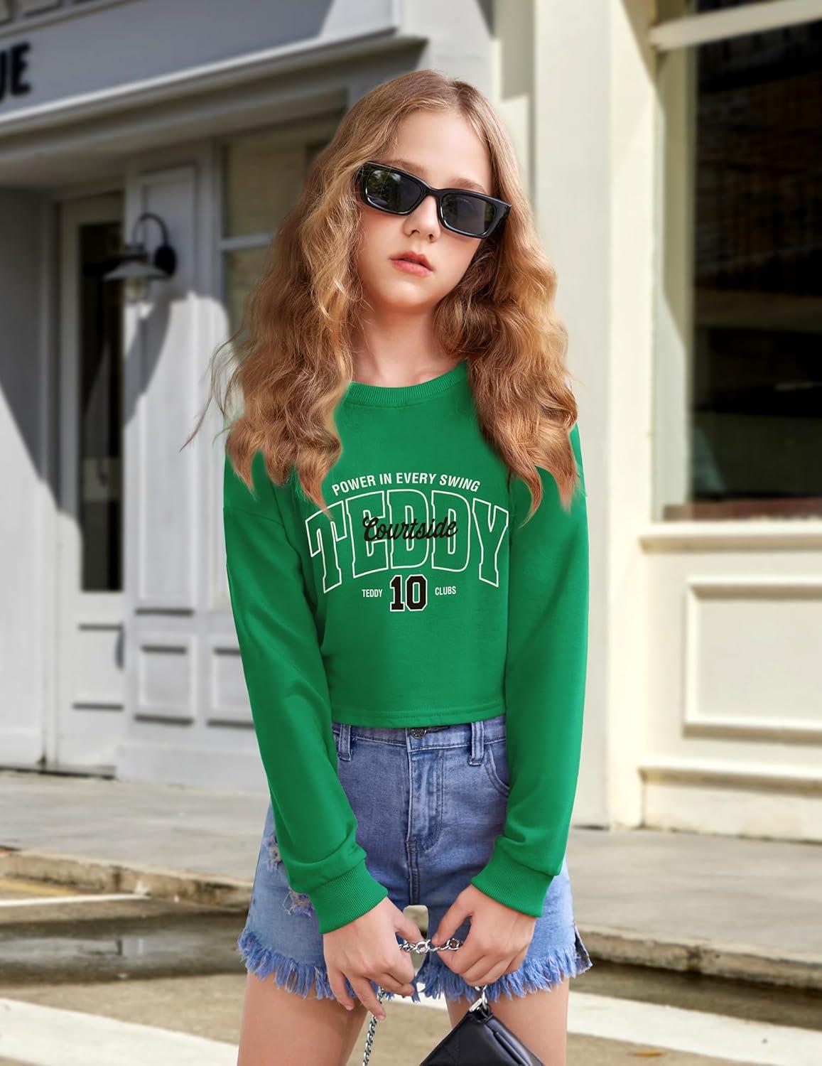 image:imageArshiner Girls Crop Tops Kids Long Sleeve Pullover Sweatshirts Girls Cropped Crewneck Sweatshirt for Teen GirlWhite Teddy