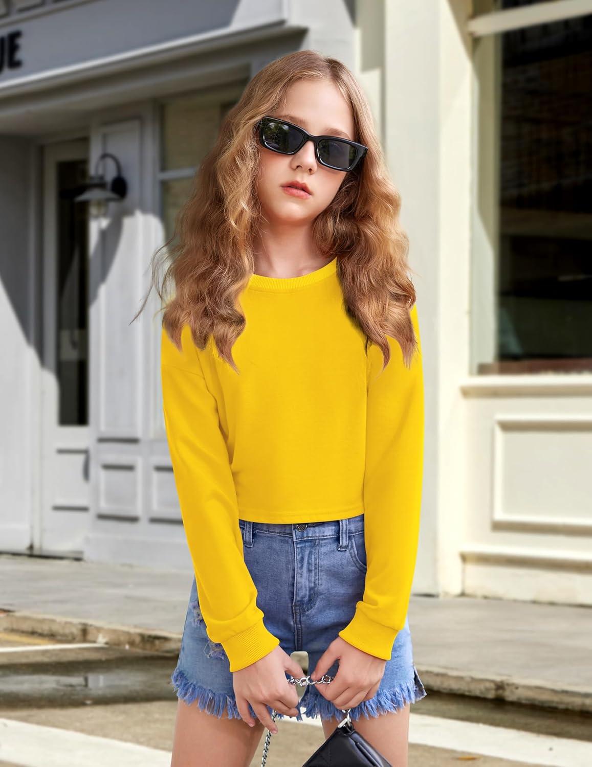 image:imageArshiner Girls Crop Tops Kids Long Sleeve Pullover Sweatshirts Girls Cropped Crewneck Sweatshirt for Teen GirlYellow
