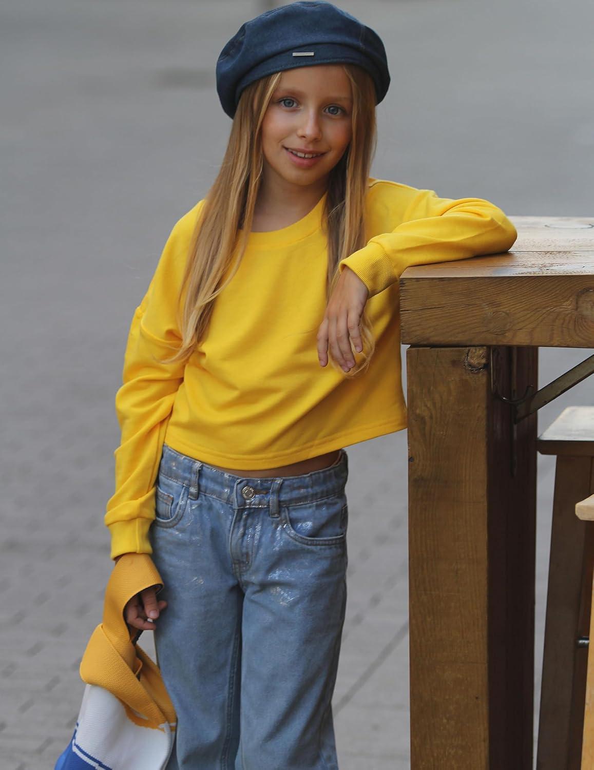image:imageArshiner Girls Crop Tops Kids Long Sleeve Pullover Sweatshirts Girls Cropped Crewneck Sweatshirt for Teen GirlYellow