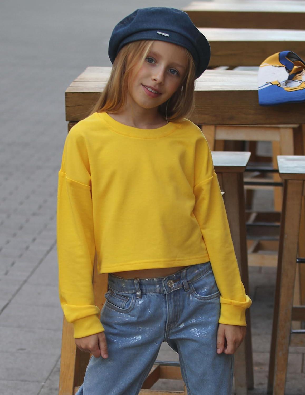 image:imageArshiner Girls Crop Tops Kids Long Sleeve Pullover Sweatshirts Girls Cropped Crewneck Sweatshirt for Teen GirlYellow