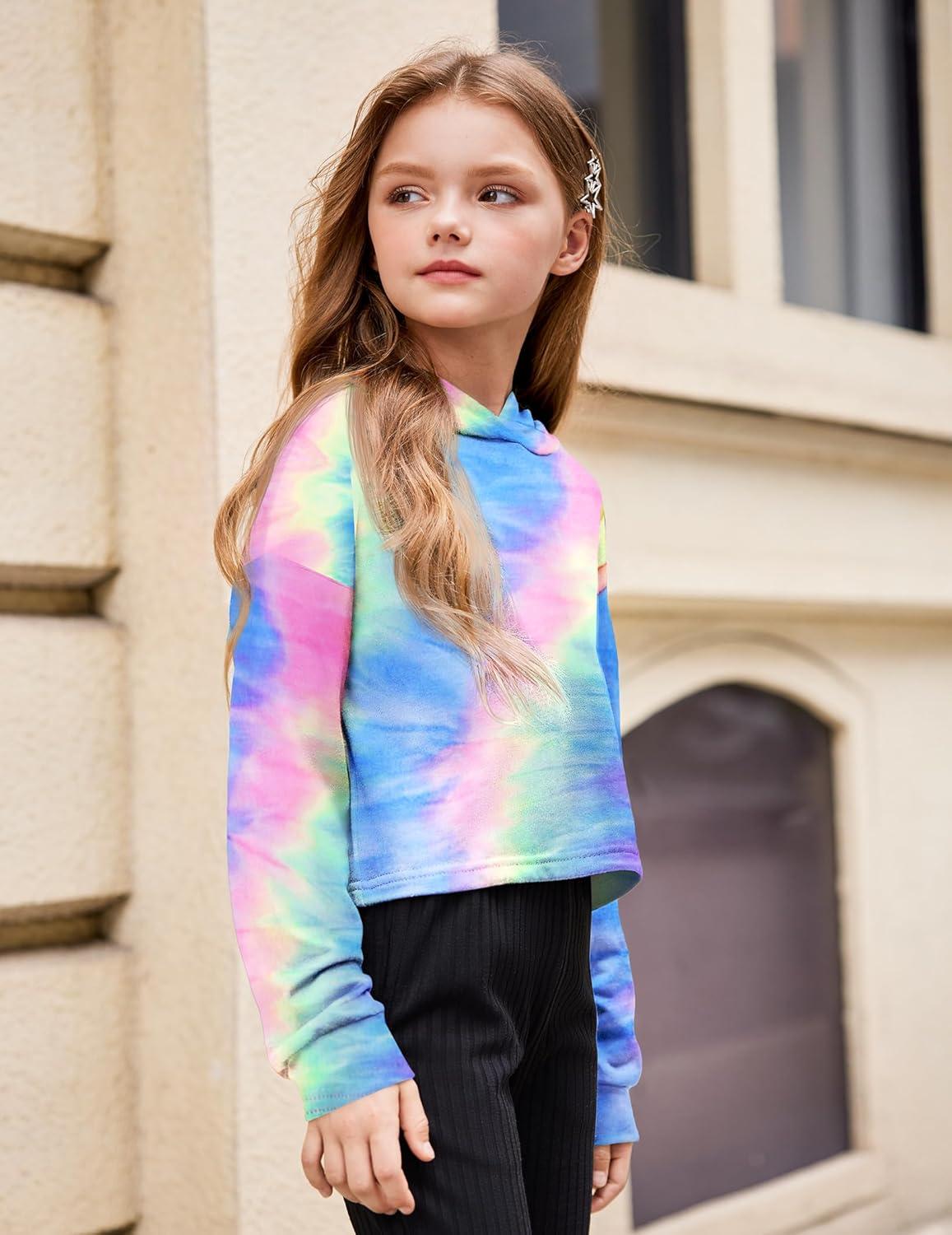 image:imageArshiner Girls Cropped Hoodie Kids Long Sleeve Crop Tops Tiedye Hoodies Hooded Pullover SweatshirtsAfluorescent Green Blue
