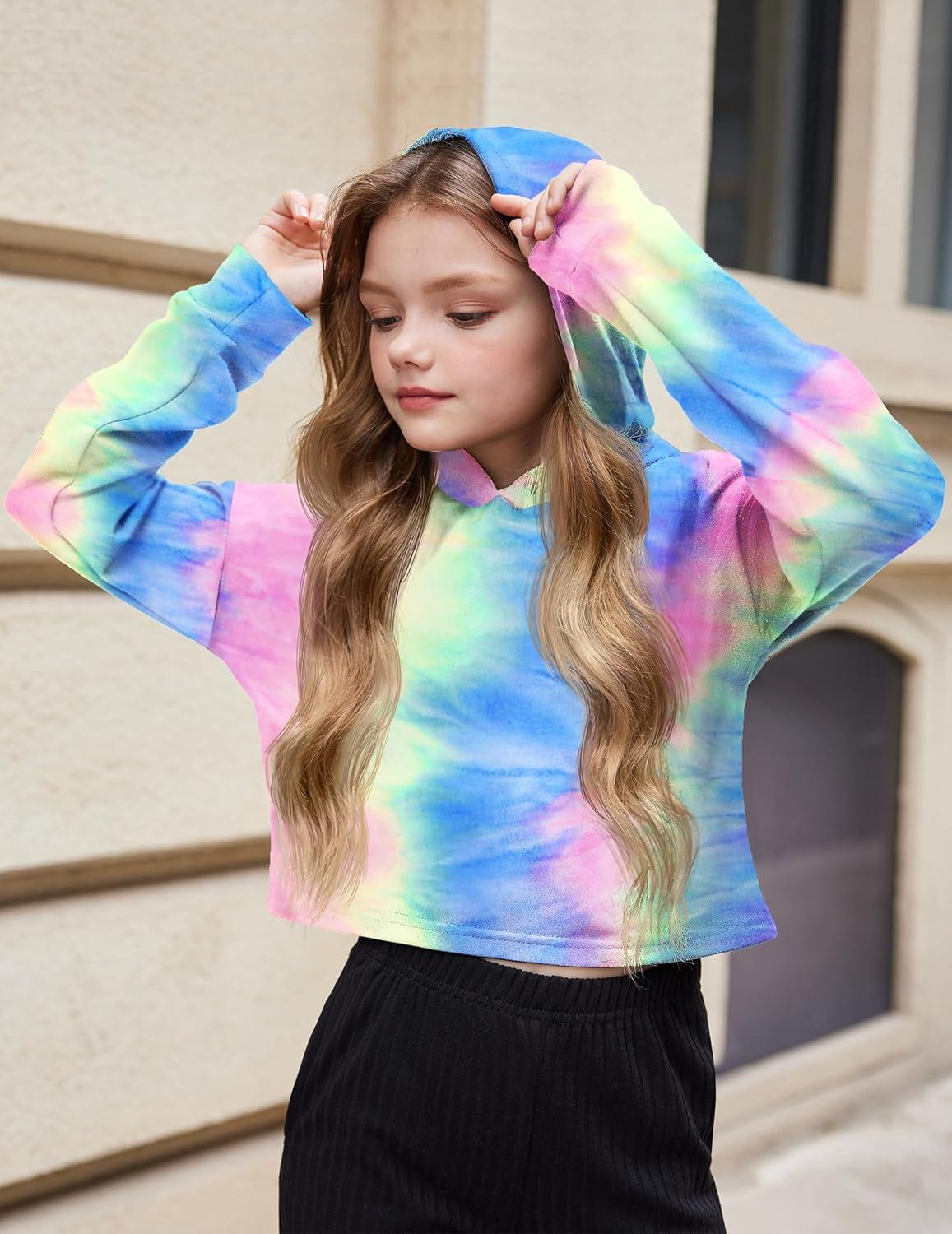 image:imageArshiner Girls Cropped Hoodie Kids Long Sleeve Crop Tops Tiedye Hoodies Hooded Pullover SweatshirtsAfluorescent Green Blue