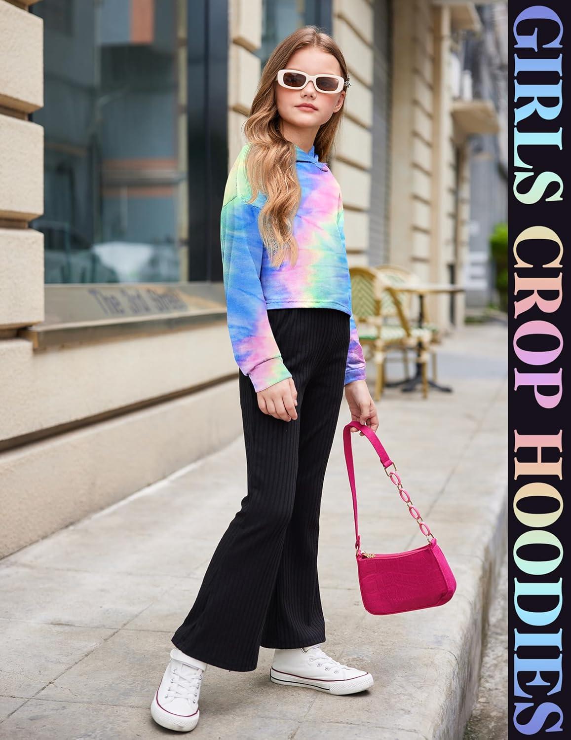 image:imageArshiner Girls Cropped Hoodie Kids Long Sleeve Crop Tops Tiedye Hoodies Hooded Pullover SweatshirtsAfluorescent Green Blue