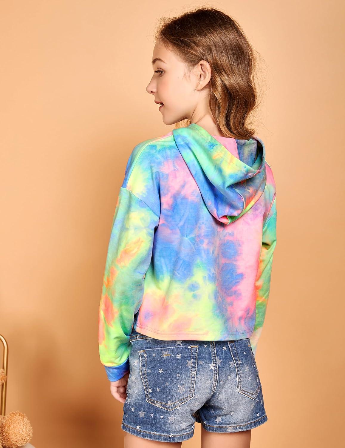 image:imageArshiner Girls Cropped Hoodie Kids Long Sleeve Crop Tops Tiedye Hoodies Hooded Pullover SweatshirtsAfluorescent Green Blue