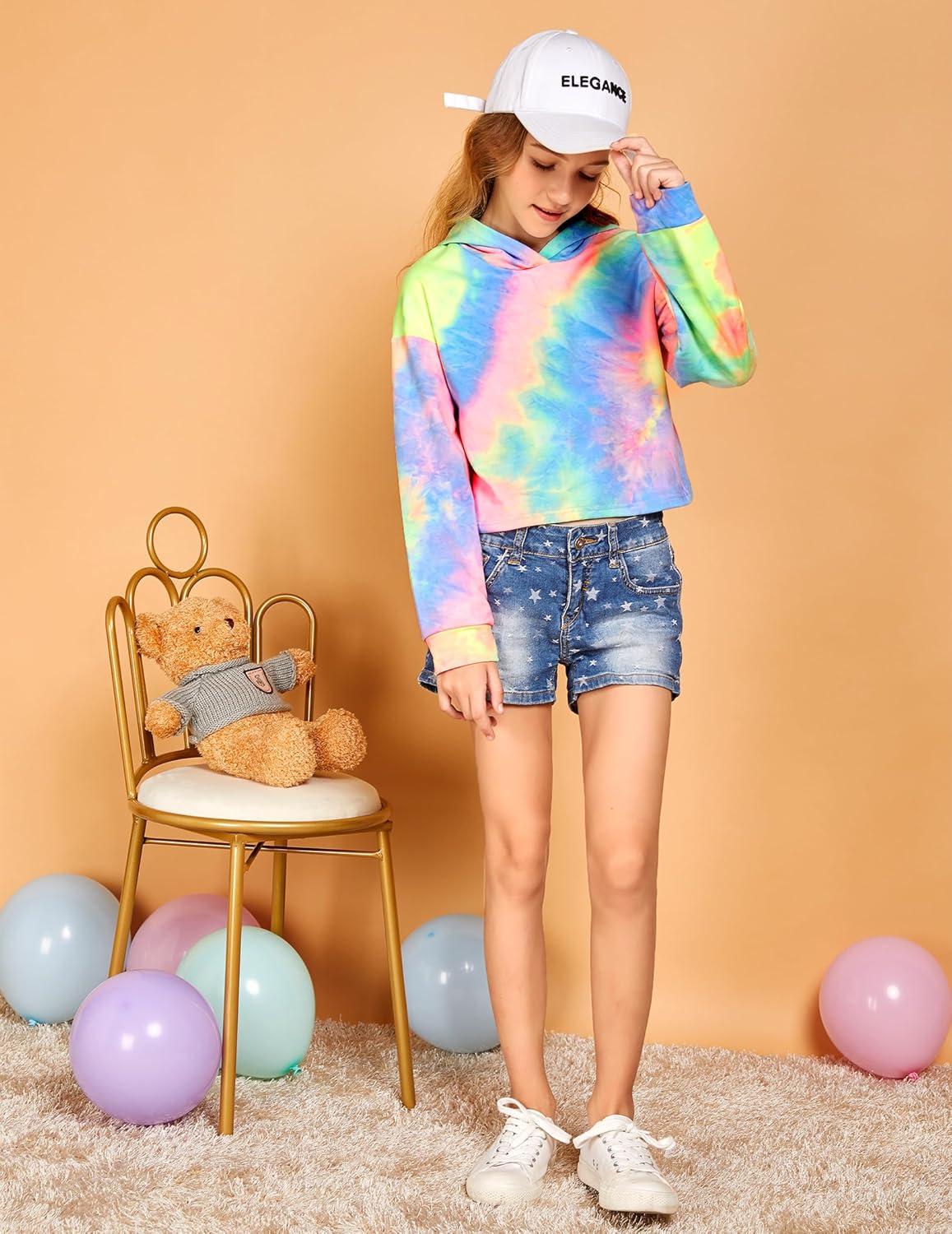 image:imageArshiner Girls Cropped Hoodie Kids Long Sleeve Crop Tops Tiedye Hoodies Hooded Pullover SweatshirtsAfluorescent Green Blue