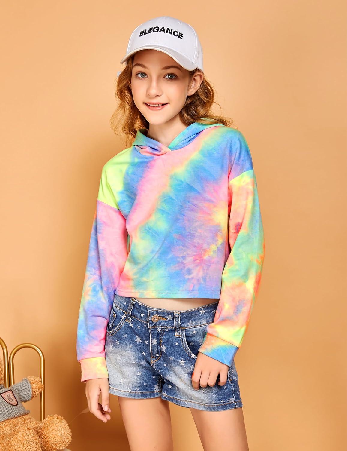 image:imageArshiner Girls Cropped Hoodie Kids Long Sleeve Crop Tops Tiedye Hoodies Hooded Pullover SweatshirtsAfluorescent Green Blue