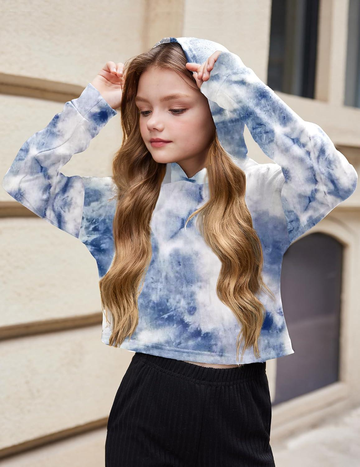 image:imageArshiner Girls Cropped Hoodie Kids Long Sleeve Crop Tops Tiedye Hoodies Hooded Pullover SweatshirtsDusty Blue White
