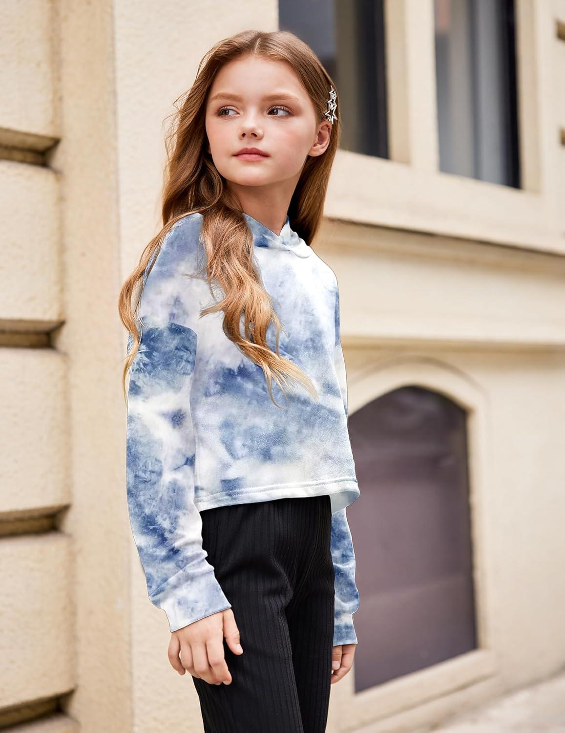 image:imageArshiner Girls Cropped Hoodie Kids Long Sleeve Crop Tops Tiedye Hoodies Hooded Pullover SweatshirtsDusty Blue White