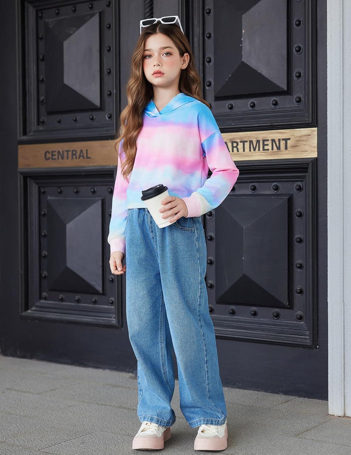 image:imageArshiner Girls Cropped Hoodie Kids Long Sleeve Crop Tops Tiedye Hoodies Hooded Pullover SweatshirtsGradient Blue Pink