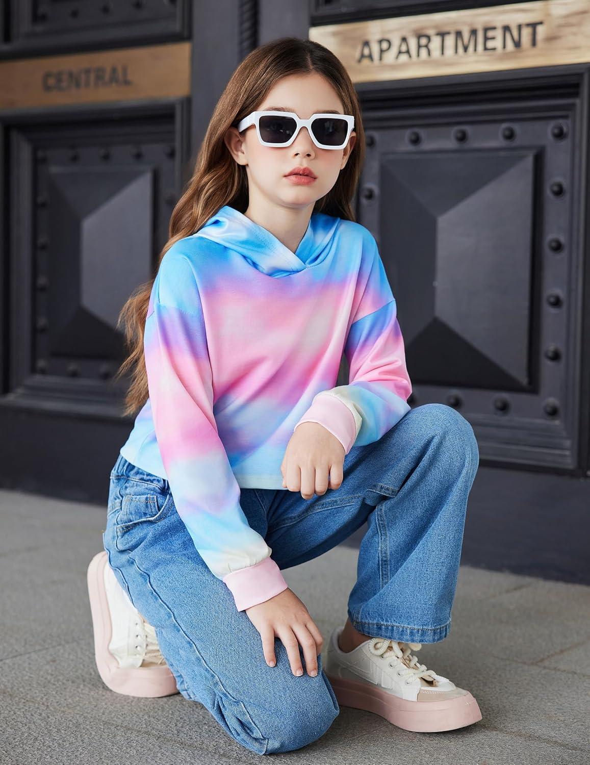 image:imageArshiner Girls Cropped Hoodie Kids Long Sleeve Crop Tops Tiedye Hoodies Hooded Pullover SweatshirtsGradient Blue Pink