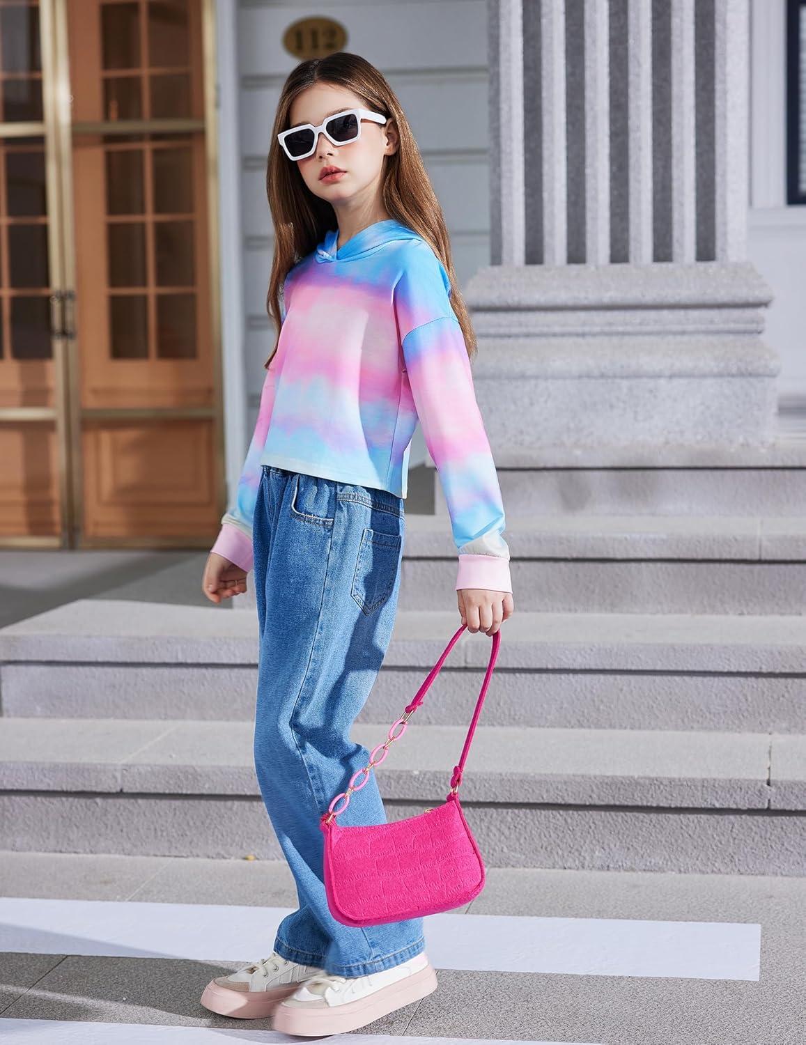 image:imageArshiner Girls Cropped Hoodie Kids Long Sleeve Crop Tops Tiedye Hoodies Hooded Pullover SweatshirtsGradient Blue Pink