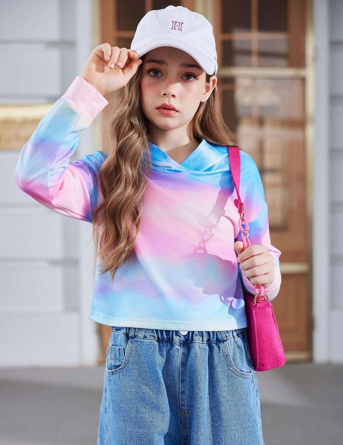 image:imageArshiner Girls Cropped Hoodie Kids Long Sleeve Crop Tops Tiedye Hoodies Hooded Pullover SweatshirtsGradient Blue Pink