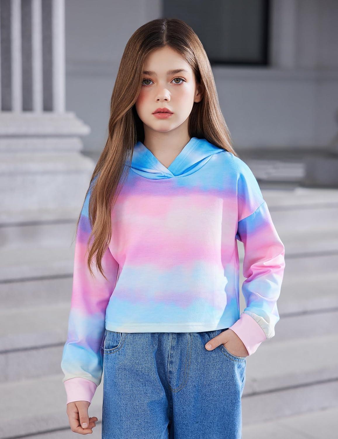 image:imageArshiner Girls Cropped Hoodie Kids Long Sleeve Crop Tops Tiedye Hoodies Hooded Pullover SweatshirtsGradient Blue Pink