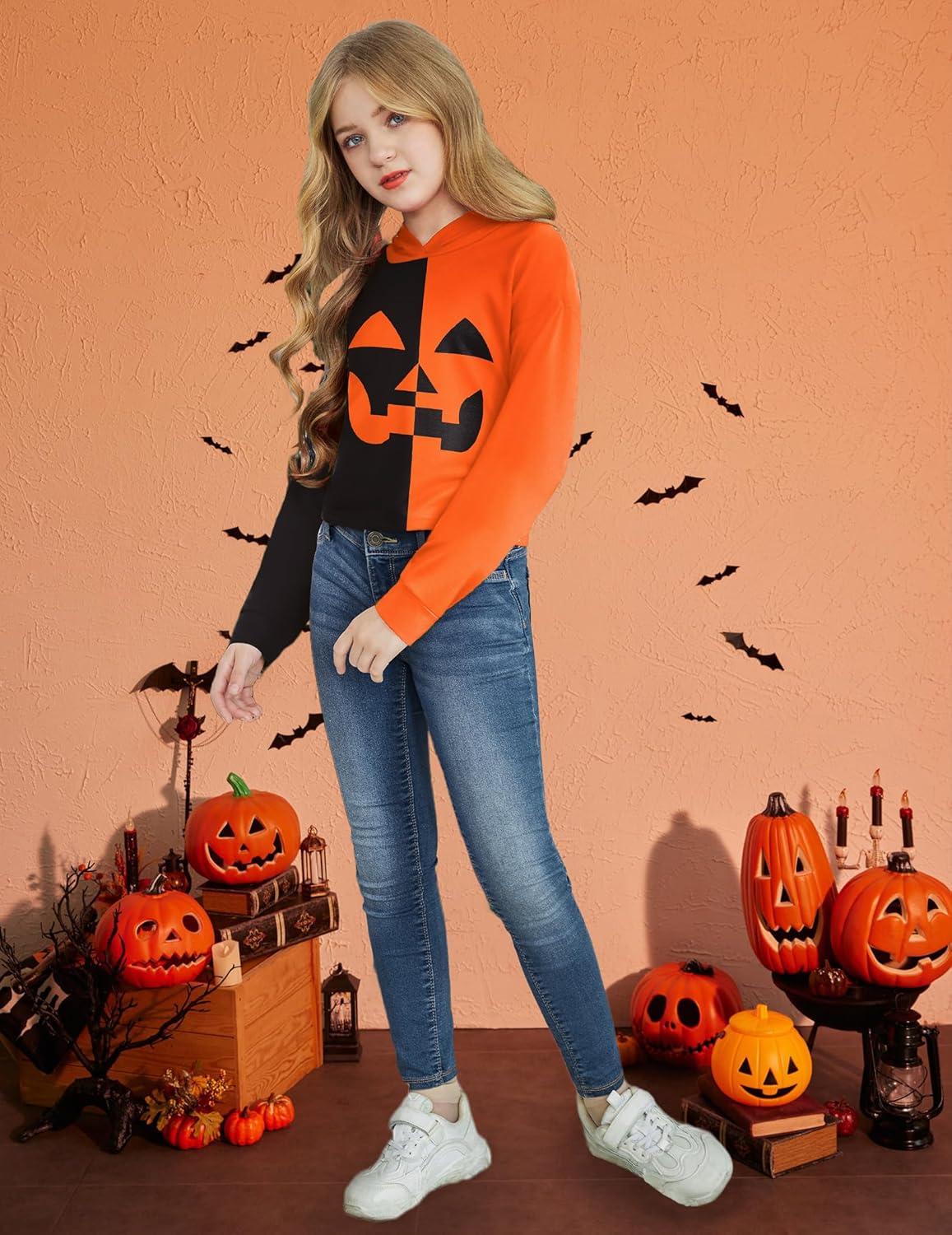 image:imageArshiner Girls Cropped Hoodie Kids Long Sleeve Crop Tops Tiedye Hoodies Hooded Pullover SweatshirtsHalloween Black Orange