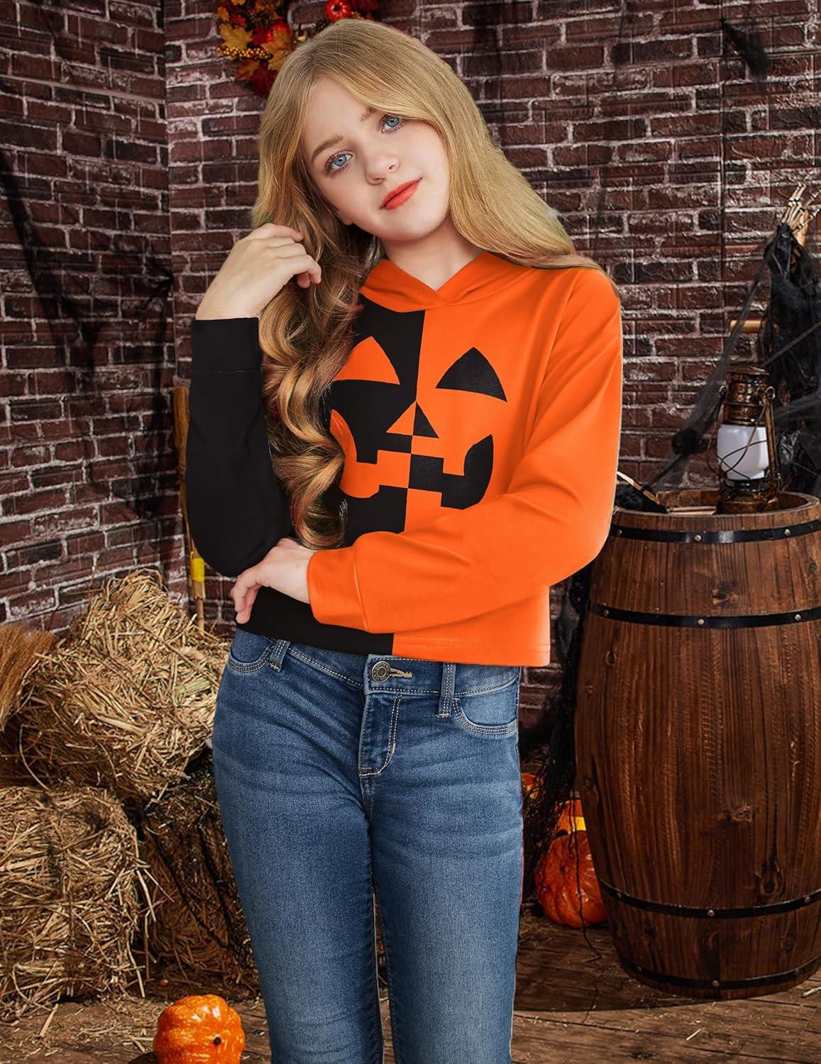 image:imageArshiner Girls Cropped Hoodie Kids Long Sleeve Crop Tops Tiedye Hoodies Hooded Pullover SweatshirtsHalloween Black Orange