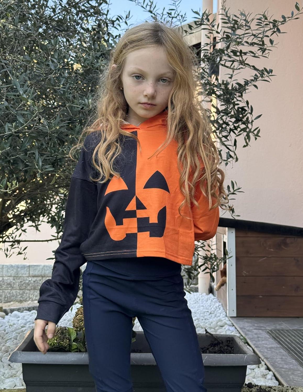 image:imageArshiner Girls Cropped Hoodie Kids Long Sleeve Crop Tops Tiedye Hoodies Hooded Pullover SweatshirtsHalloween Black Orange