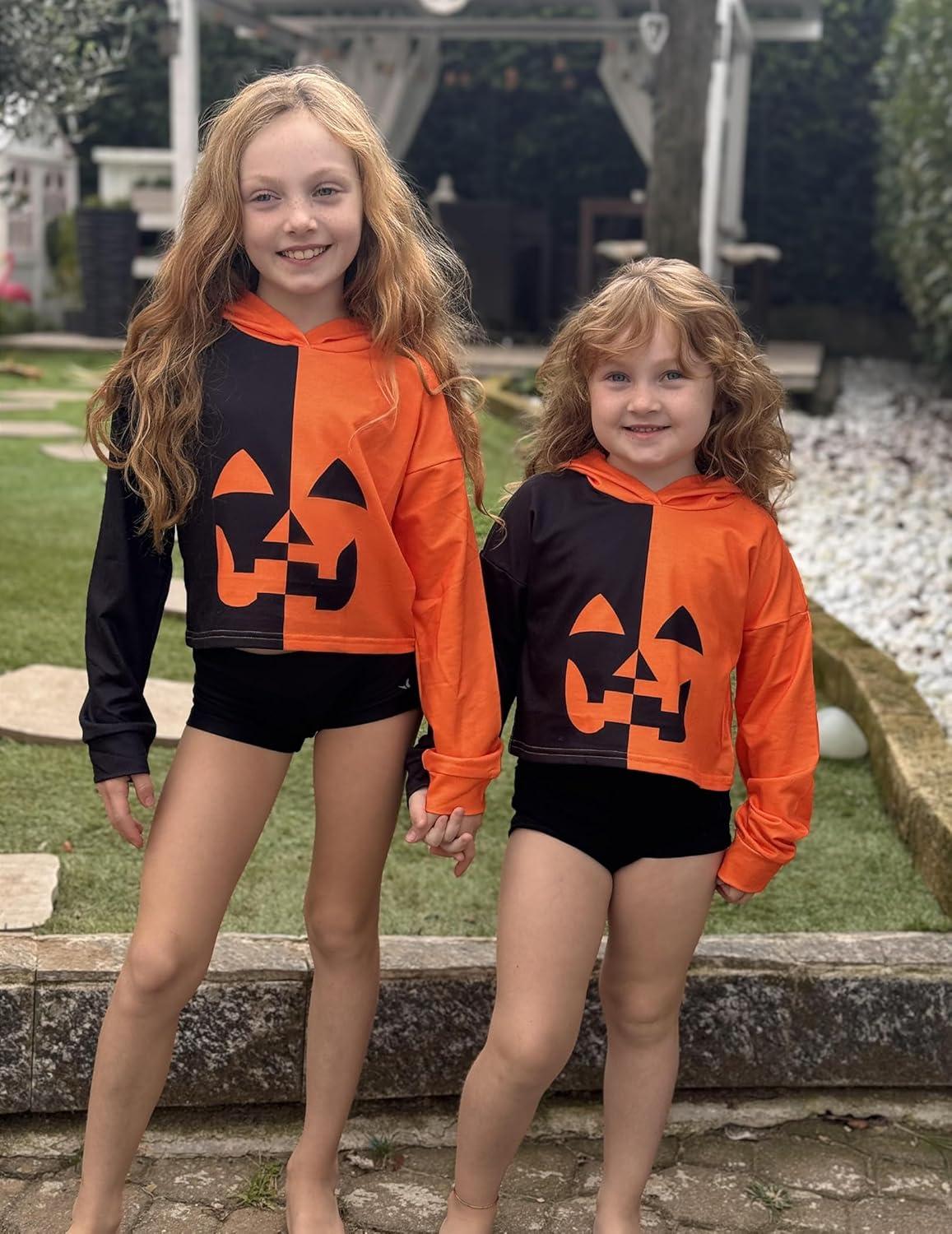 image:imageArshiner Girls Cropped Hoodie Kids Long Sleeve Crop Tops Tiedye Hoodies Hooded Pullover SweatshirtsHalloween Black Orange