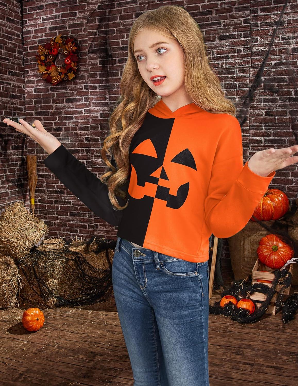 image:imageArshiner Girls Cropped Hoodie Kids Long Sleeve Crop Tops Tiedye Hoodies Hooded Pullover SweatshirtsHalloween Black Orange