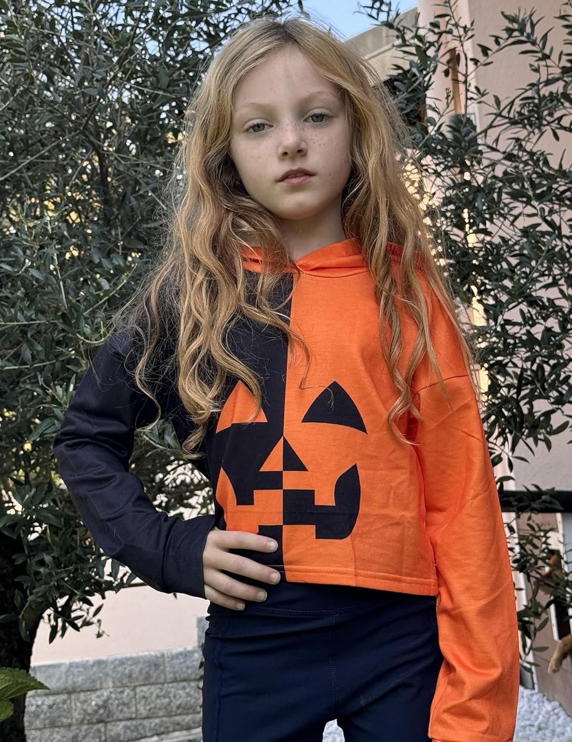 image:imageArshiner Girls Cropped Hoodie Kids Long Sleeve Crop Tops Tiedye Hoodies Hooded Pullover SweatshirtsHalloween Black Orange