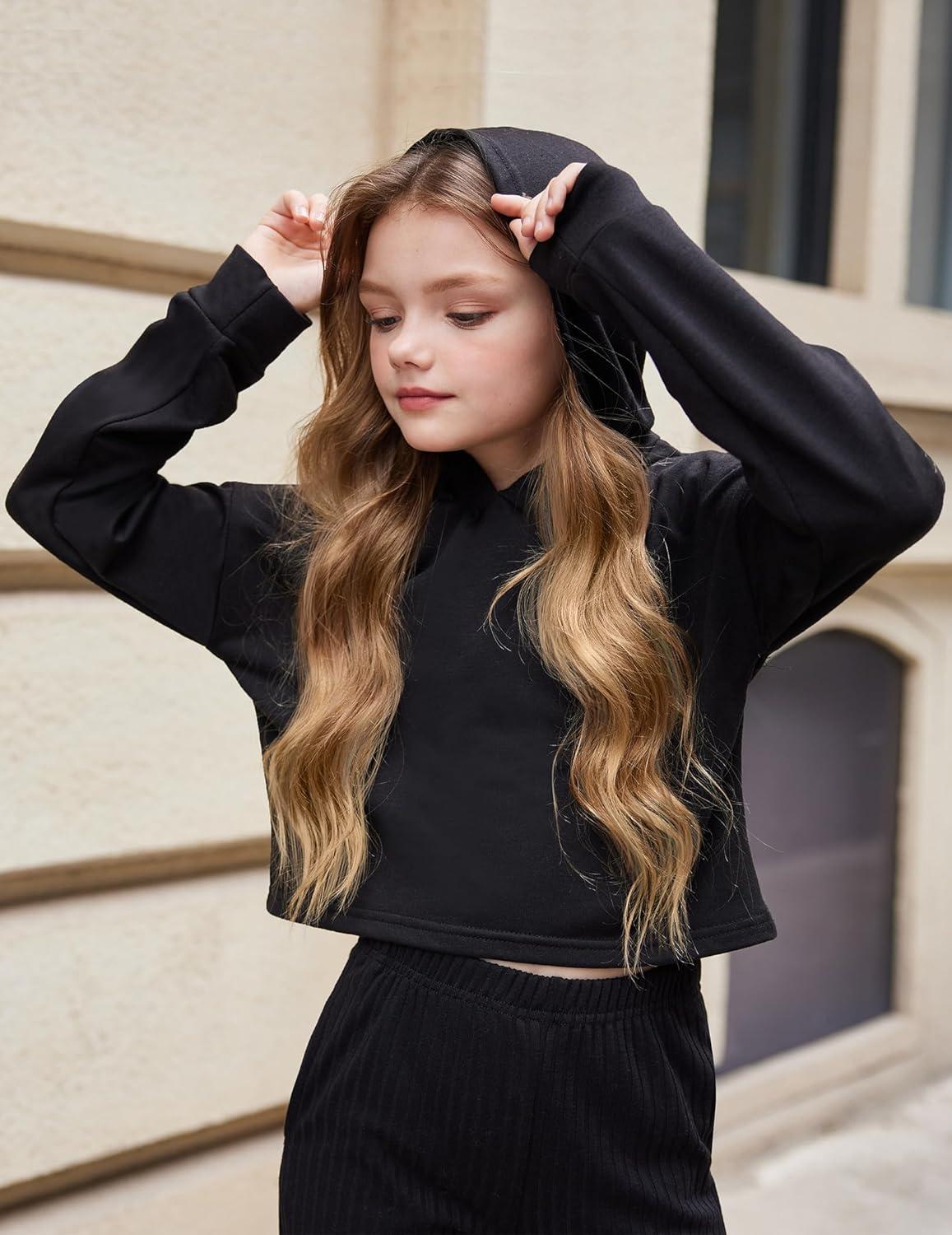 image:imageArshiner Girls Cropped Hoodie Kids Long Sleeve Crop Tops Tiedye Hoodies Hooded Pullover SweatshirtsPure Black