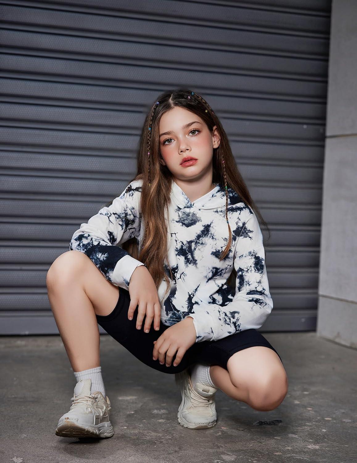 image:imageArshiner Girls Cropped Hoodie Kids Long Sleeve Crop Tops Tiedye Hoodies Hooded Pullover SweatshirtsTiedye Black