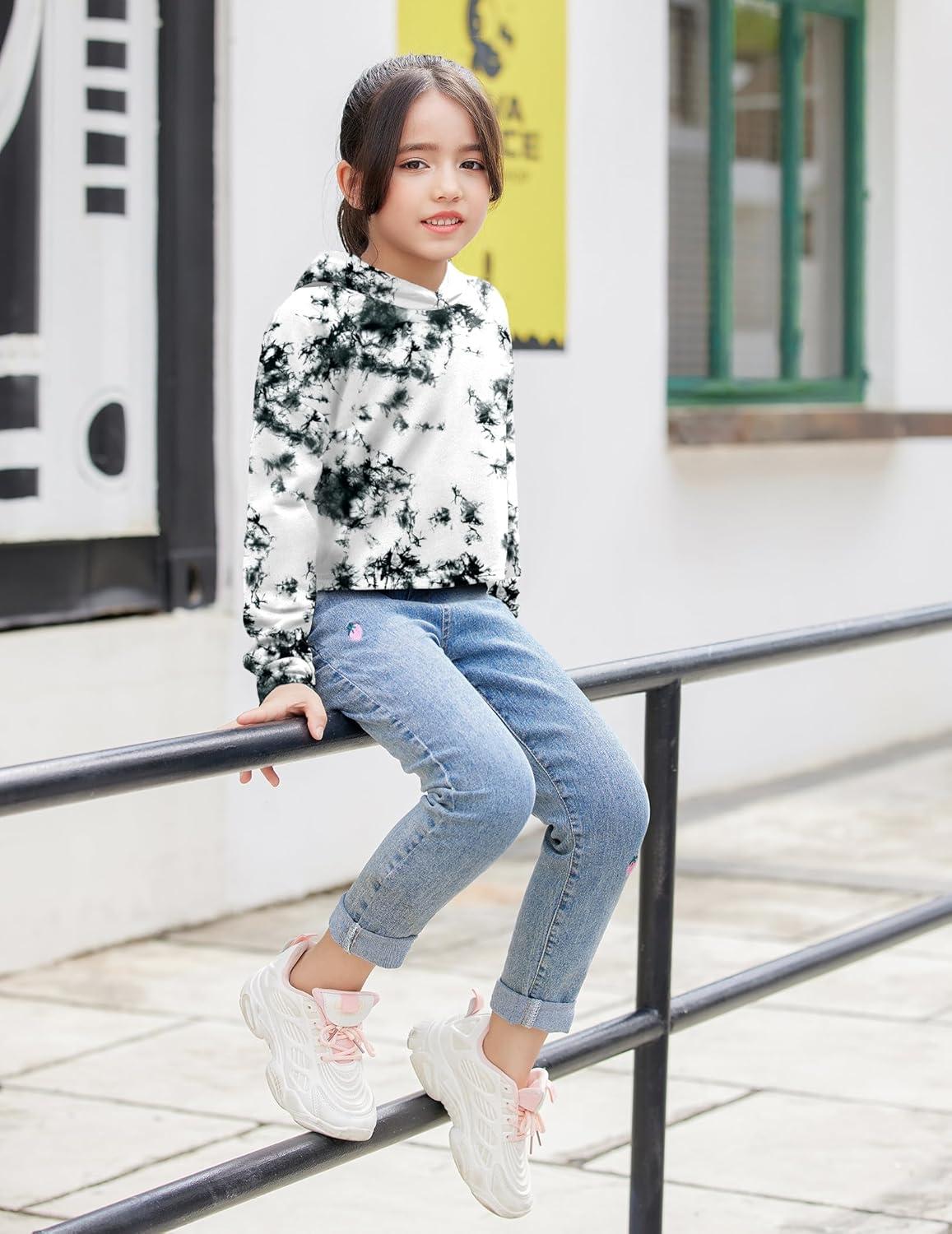 image:imageArshiner Girls Cropped Hoodie Kids Long Sleeve Crop Tops Tiedye Hoodies Hooded Pullover SweatshirtsTiedye Black